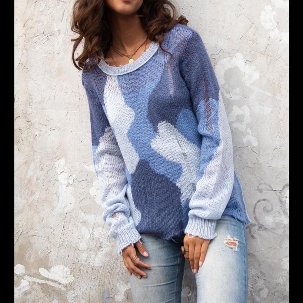 WOODEN SHIPS CAMO OLIVER CREW LIGHTWEIGHT SWEATER SCANDIA BLUE Sz M/L